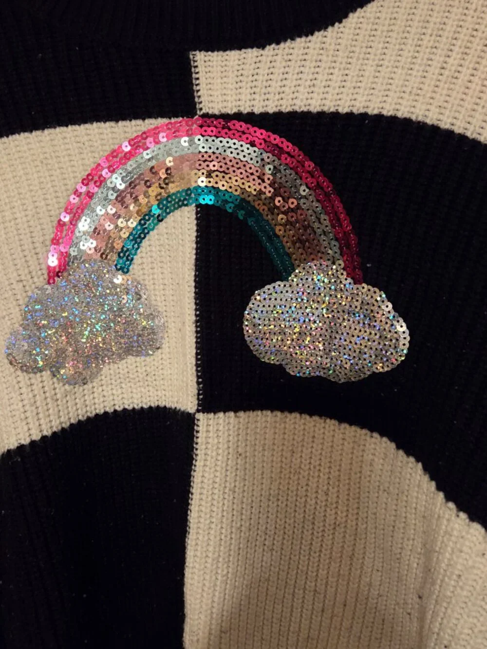 Justice Black and White Checkerboard Sequin Rainbow Sweater — Girls Size Large (